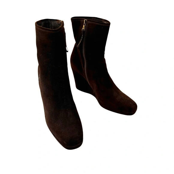 Prada Suede Wedge Boot Logo Side with Zipper Closure Brown Size 40 or US 10 - Picture 6 of 15
